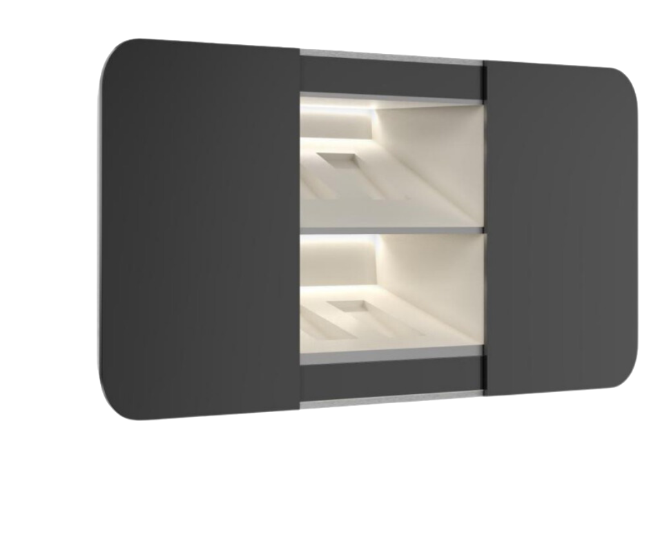 BOXXII Signature with its sliding graphite doors open, revealing an illuminated ivory interior