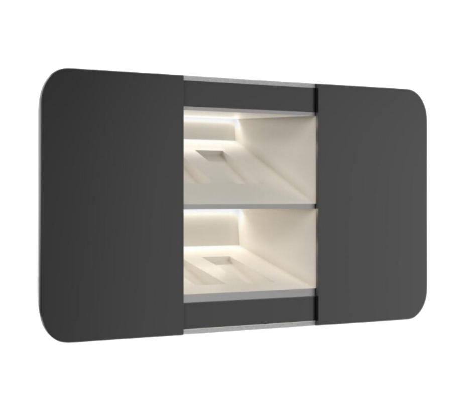 BOXXII with doors parted, showing a softly lit two-tier interior