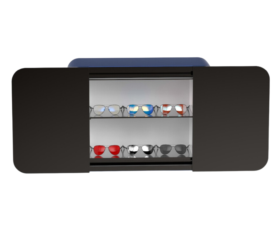 BOXXII displaying six pairs of sunglasses on illuminated glass shelves
